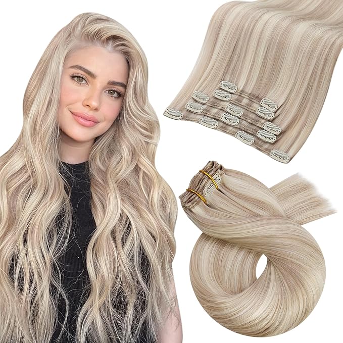 Moresoo Real Hair Extensions Clip ins Blonde Highlights Clip in Extensions Ash Blonde with Bleach Blond for Long Remy Hair Extensions 80g/5pcs 22inch