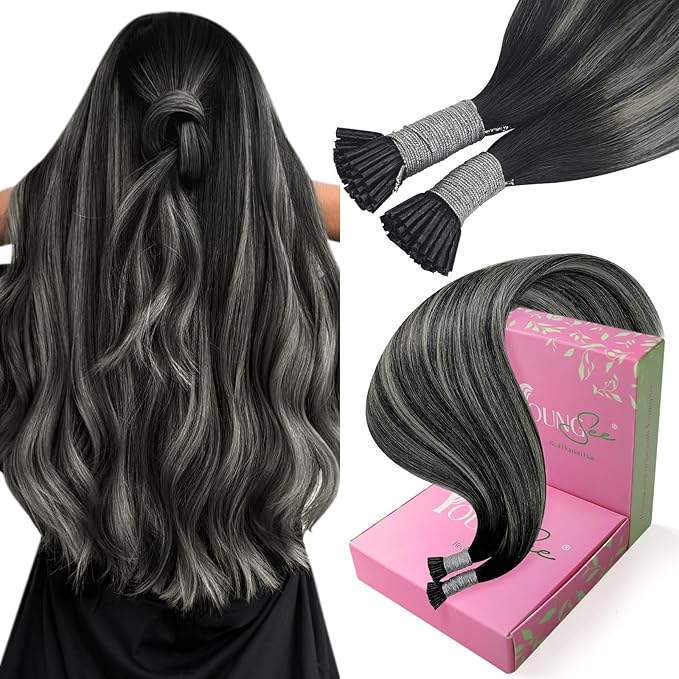 YoungSee I Tips Hair Extensions Ombre I Tip Hair Extensions Balayage Black with Silver Human Hair Extensions I Tip Balayage 20 Inch Itips Hair Extension Human Hair Silky Straight 50s 50g