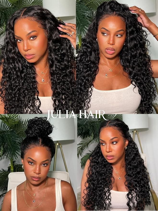 Julia Hair Bye Bye Knots Wig 13x4 Glueless Wigs Human Hair Mixed Curls Water Wave and Jerry Curly Fluffy Wig Pre Everything Pre Plucked Pre Cut HD Lace Bleached Knots Natural Black 16 Inch