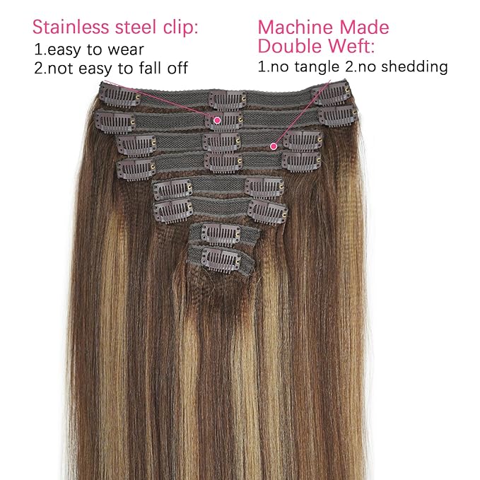 #4/27/4 Yaki Straight Clip in Hair Extensions Real Human Hair Omber Clip ins For Women Yaki Straight Clip on Hair(22inch,T1BP1B/30)