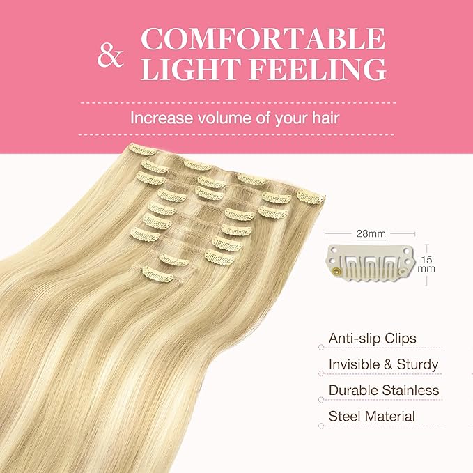 GOO GOO Clip in Hair Extensions Real Human Hair, Remy Human Hair Extensions Clip ins for Women, Natural Human Hair, 24inch 150g 9Pcs, #18A/613A Dark Blonde Highlighted Bleach Blonde
