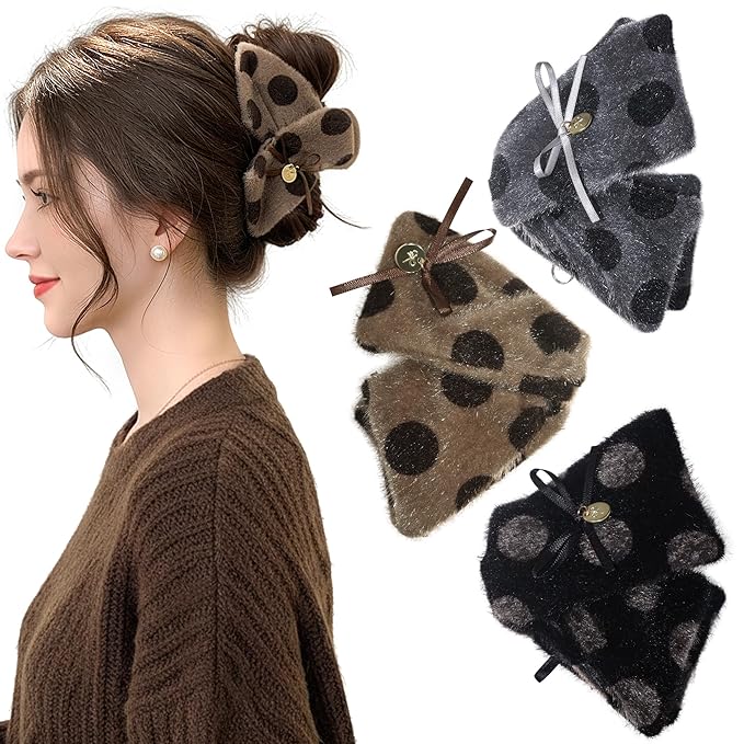 3Pcs Large Plush Hair Claw Clips for Thick Hair, 5.3 Inch Fuzzy Faux Fur Jaw Clips, Cute Polka Dot Hair Catch Barrettes with Bow Ribbon, Non Slip Strong Hold Winter Hair Accessories for Women Girls