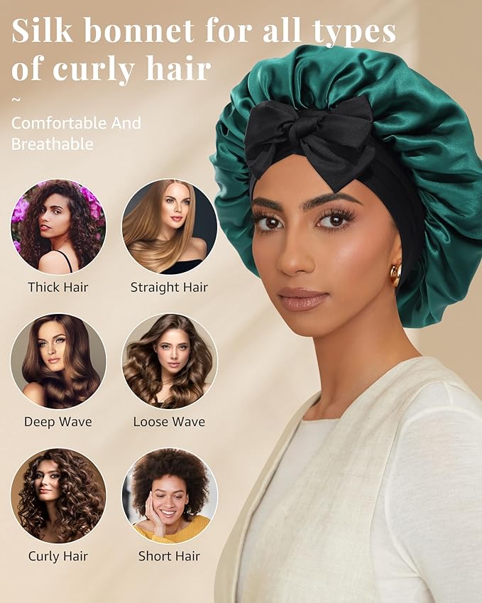 AWAYTR Silk Bonnet for Sleeping Women 100% Mulberry Silk Bonnet with Band 2 Layer Reversible Hair Bonnet Sleeping Hair Wrap (Silk, Black/Green)