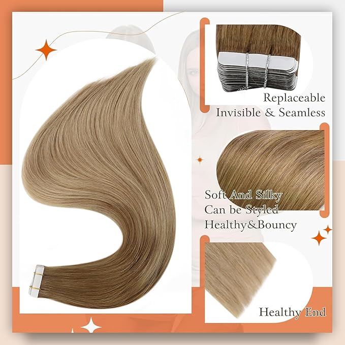 Full Shine 16Inch Tape in Hair Extensions Seamless Straight Tape in Extensions Ombre Human Hair Extensions 50G 20Pcs Color 10 Golden Brown to 14 Dark Blonde Real Remy Human Hair Extension for Wedding