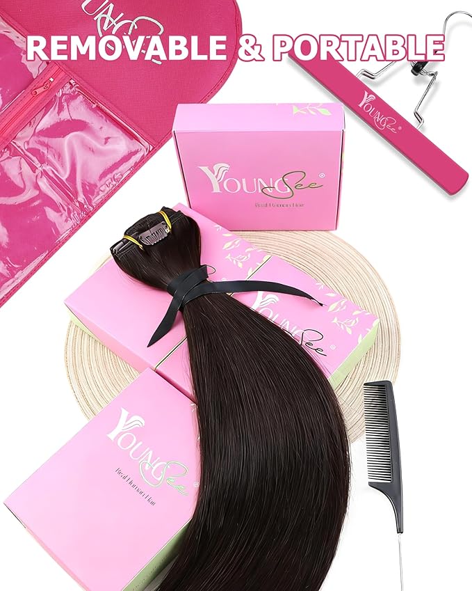 YoungSee Clip in Hair Extensions Real Human Hair Brown Straight Hair Extensions Clip ins Darkest Brown Human Hair Clip ins for Women 16In 120G 7Pcs