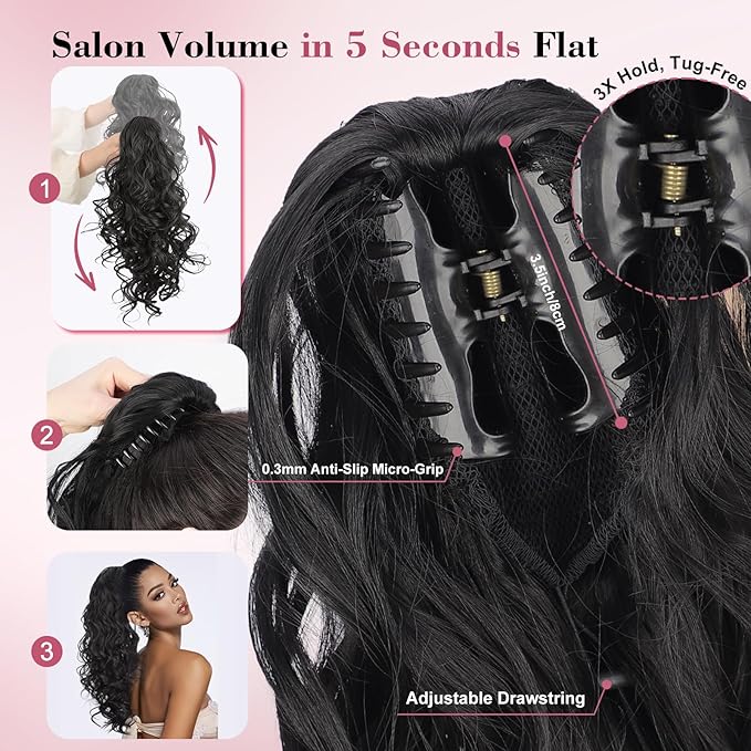QGZ 20" Wavy Ponytail Extension, Claw Clip Ponytail Hair Extension, Natural Synthetic Hairpiece for Women Daily Use(Ginger Brown)