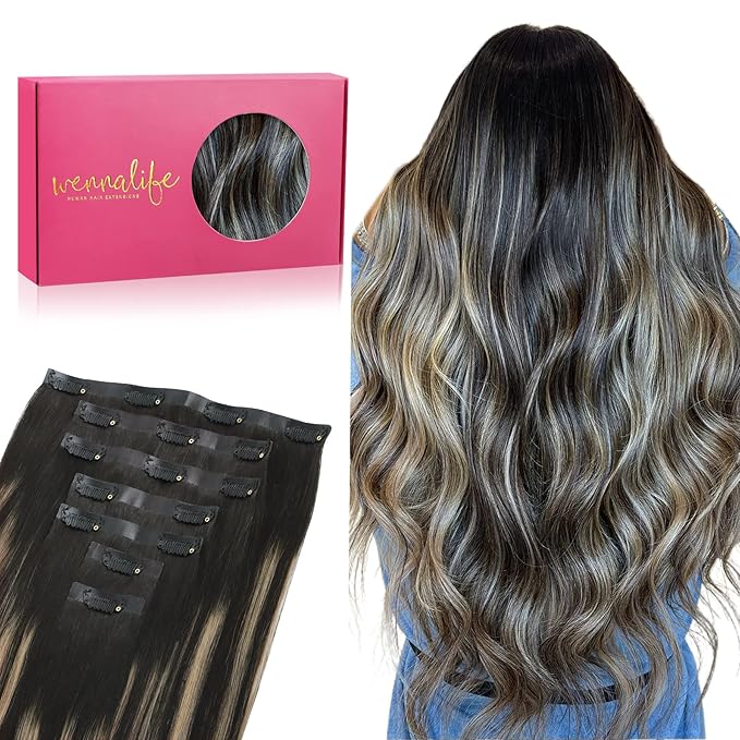 WENNALIFE Seamless Clip In Hair Extensions, 22 Inch 150g 7pcs Natural Black to Light Blonde Hair Extensions Clip in Human Hair Invisible PU Skin Weft Natural Remy Human Hair Extensions