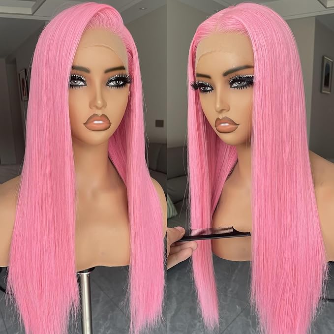 BLL Pink Wig, 13x4 Synthetic Lace Front Wig Pre-Plucked Glueless Long Silk Straight Wigs With Baby Hair Natural Density Ready to Wear Wigs For Women Suitable For Daily Party Wear 26inch
