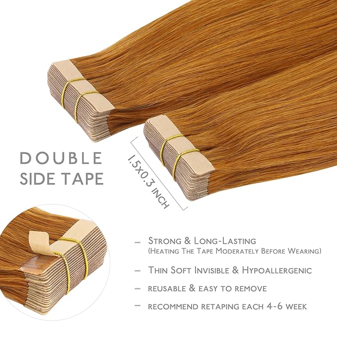 WENNALIFE Tape in Hair Extensions Human Hair, 20pcs 40g 12 inch Auburn Ginger Remy Hair Extensions Straight Human Hair Tape in Extensions Skin Weft Tape Extensions Human Hair