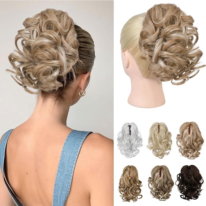 REECHO 9" Short Ponytail Extension, Classic Loose Curly Wavy Claw Clip Pony tails Hair Extensions HP001 Hairpieces for Women - Honey Blonde with Highlights