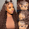 22 Inch Chocolate Brown Deep Wave Lace Front Wigs Human Hair Pre Plucked 200% Density 13x6 HD Lace Frontal Wigs with Baby Hair Deep Curly Wet and Wavy Glueless Wigs for Women (4# Brown, 22 Inch)