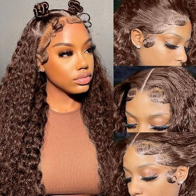 22 Inch Chocolate Brown Deep Wave Lace Front Wigs Human Hair Pre Plucked 200% Density 13x6 HD Lace Frontal Wigs with Baby Hair Deep Curly Wet and Wavy Glueless Wigs for Women (4# Brown, 22 Inch)