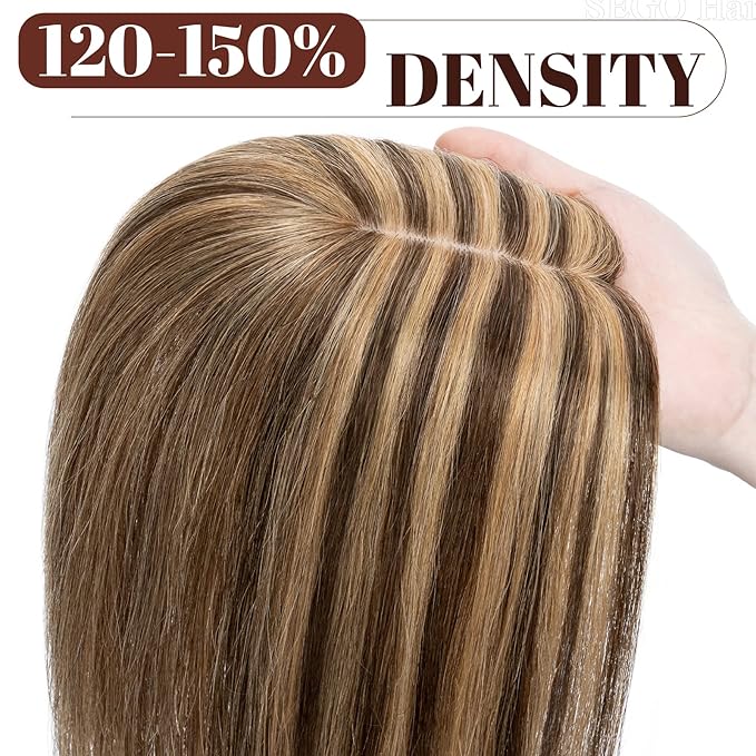 SEGO Real Human Hair Topper for Women, No Bangs Hair Topper with Anti-Slip Clips (16 Inches Medium Brown Mix Dark Blonde)
