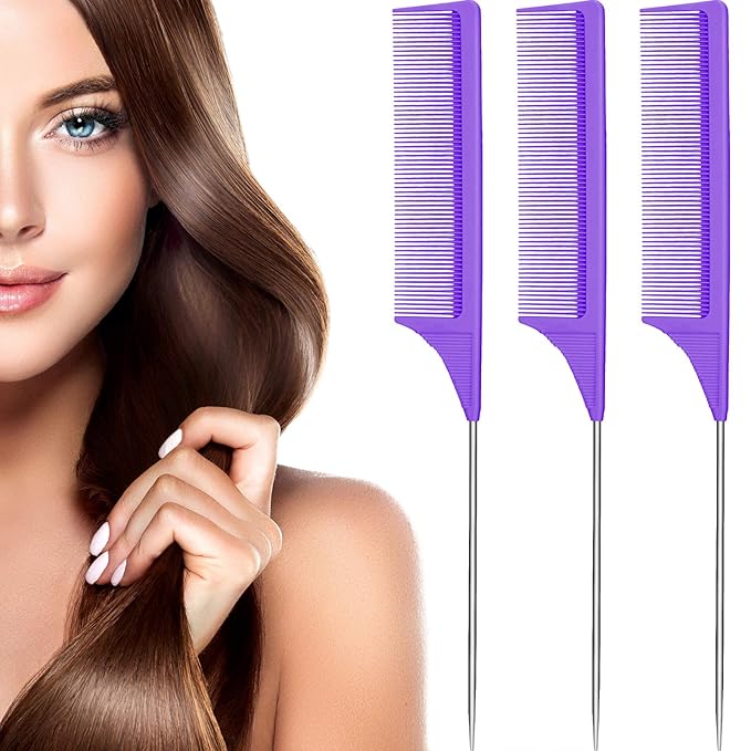 Leinuosen 3 Packs Rat Tail Comb Steel Pin Rat Tail Carbon Fiber Heat Resistant Teasing Combs with Stainless Steel Pintail ()