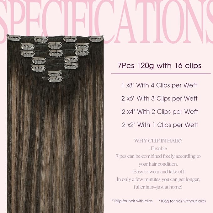 PINKPEARL Clip in Hair Extensions Human Hair Extensions, #2/6/2 Balayage Dark Brown to Chestnut Brown 120g 7pcs 22 Inch Real Human Hair Extensions Clip in Straight Remy Silky Weft(#2/6/2-22)