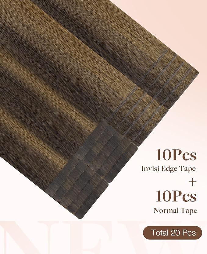 GOO GOO Invisi Edge Tape in Hair Extensions Human Hair, 2C/4E/6C Brown Sugar Swirl Highlights 10pcs injected with 10pcs classical tape ins, 20inch 50g, Virgin Remy Hair, Natural Look
