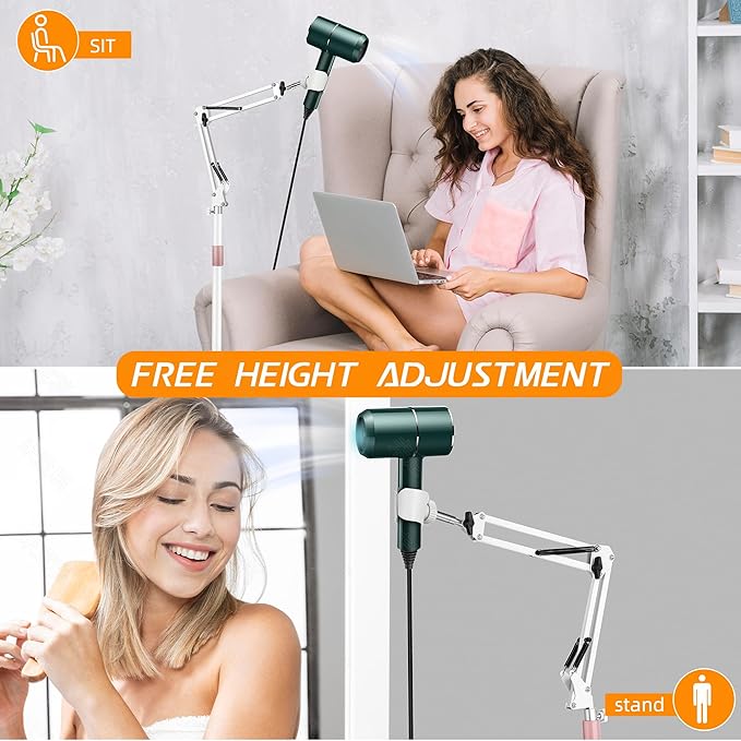 Hair Dryer Stand, 1.68M Height Adjustable, Hands Free Blow Dryer Holder with Heavy Base, 360 Degree Rotating, Work with 99% Dryers, Gift for Mom, Elder, Frozen Shoulder - White