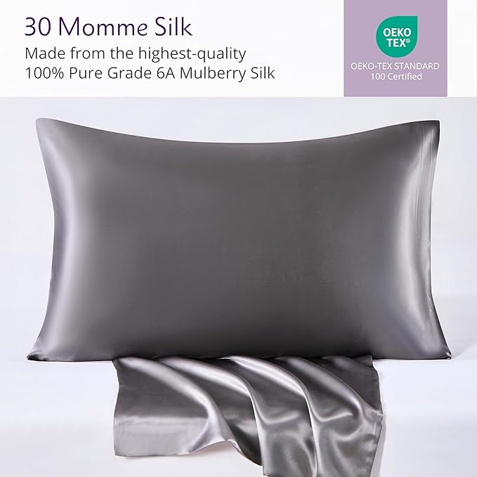 Mulberry Park 30 Momme Silk Pillowcase - 100% Grade 6A Mulberry Silk for Healthier Hair and Skin - Prevent Frizzy, Damaged Hair and Enjoy a Clearer Complexion - Gunmetal/King (20" x 36")