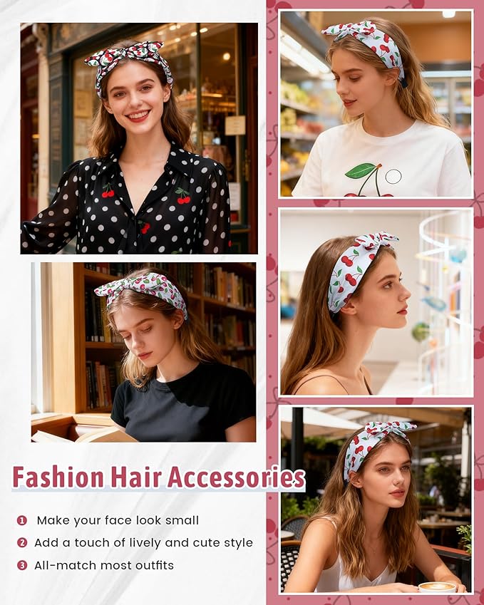 ACECHA 3 Pack Cherry Headbands for Women Girls Fashion, Bunny Ears & Knot Bow Head bands, Stretchy Soft Wide Hair Bands, Cute Hair Accessories Outfits Vacation Gifts Bunny Ears