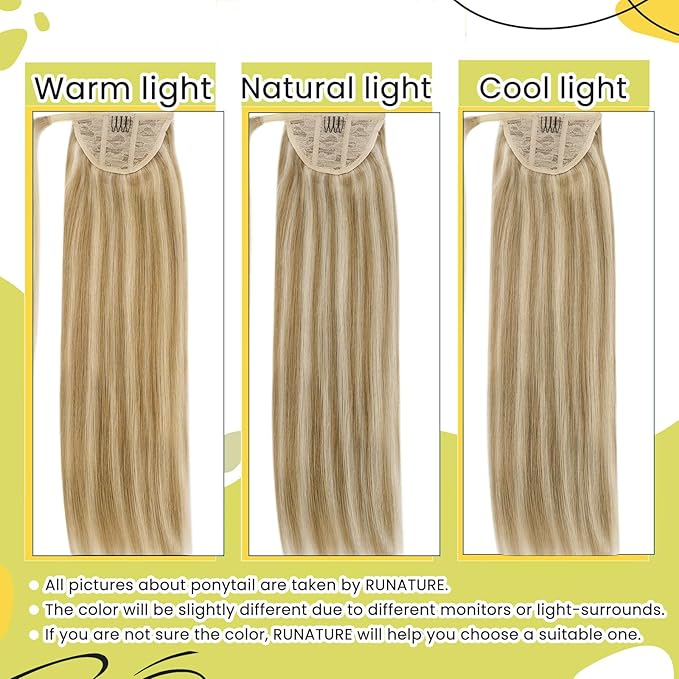 RUNATURE Human Hair Ponytail Extension Blonde, Straight Ponytail Extension Real Human Hair, Ponytail Hair Extensions Short, Remy Natural Hair 12 Inch 70g #16P22 Dark Ash Blonde Highlight Light Blonde