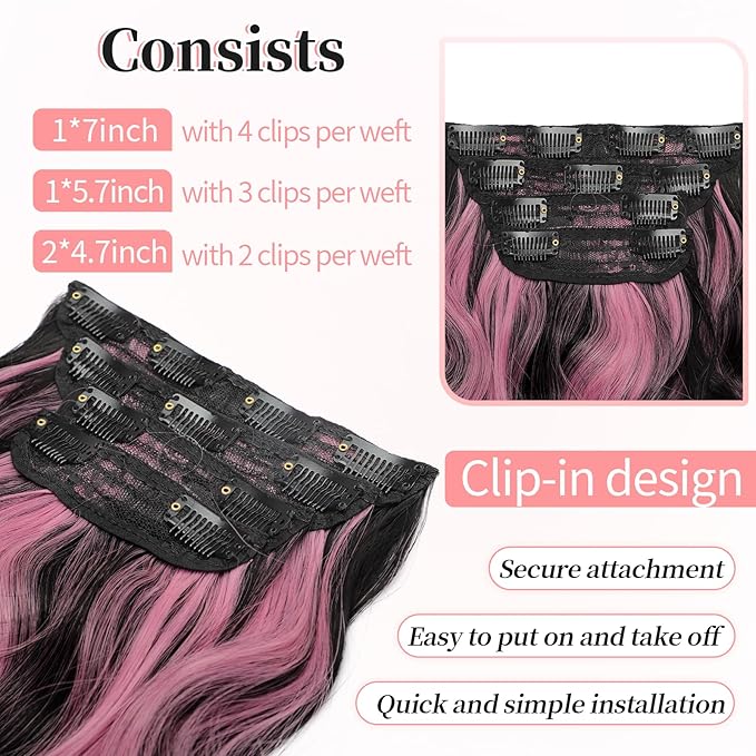 KooKaStyle Clip in Hair Extensions 4PCS Long Wavy Natural & Soft Hairpieces for Women 20 Inch for Women(Natural Black Pink)
