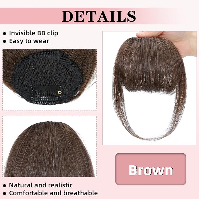 NAYOO Bangs Hair Clip- Brown Fake Bangs 100% Real Human Hair Extensions French Bangs for Women Fringe with Temples Hairpieces Curved Bangs for Daily Wear