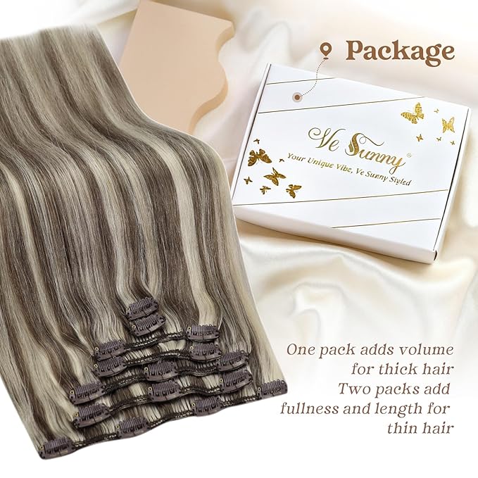 Ve Sunny Clip in Hair Extensions Real Human Hair Double Weft Remy Hair Clip in Extensions Human Hair for Women Full Head Light Brown Highlight Platinum Blonde 7pcs 120g 22 inch