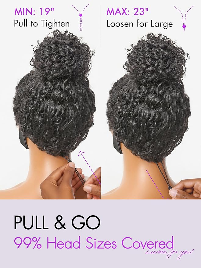 LUVME HAIR 100% Real Human Hair Wig Lace Frontal Deep Curly 16 inches Drawstring Cap Glueless HD Lace Wigs Human Hair Pre Plucked Pre Cut, Curly Wig Human Hair Ready to Go Wig