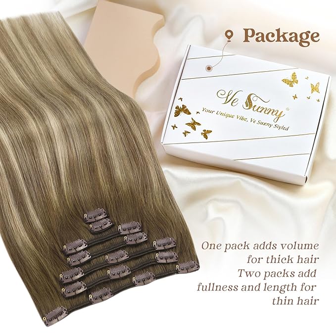 Ve Sunny Clip in Human Hair Extensions Balayage Clip in Hair Extensions Real Human Hair 24 Inch Long Straight Remy Hair Extensions Clip ins Dark Brown to Light Brown with Blonde 120g 7Pcs