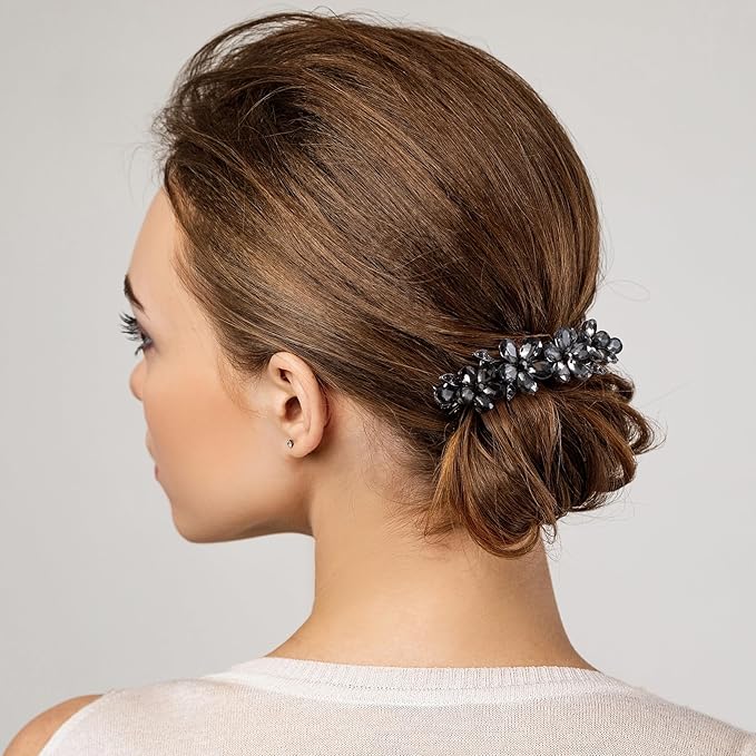 Joez Wonderful Rhinestone Hair Clip Sparkly Crystal Barrettes French Wedding Prom Engagement Pageant First Communion Hair Decorative Accessories for Women Bride Thick Long Hair (Flower Grey, 1 Pcs)