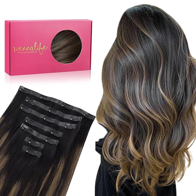 WENNALIFE Seamless Clip In Hair Extensions, 16 Inch 130g 7pcs Natural Black Mixed Chestnut Brown Hair Extensions Clip in Human Hair Invisible PU Skin Weft Natural Remy Human Hair Extensions