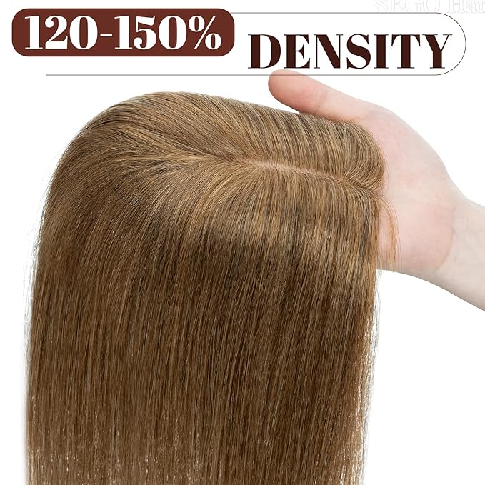 SEGO Real Human Hair Topper for Women, No Bangs Hair Topper with Anti-Slip Clips (8 Inch#6 Light Brown)