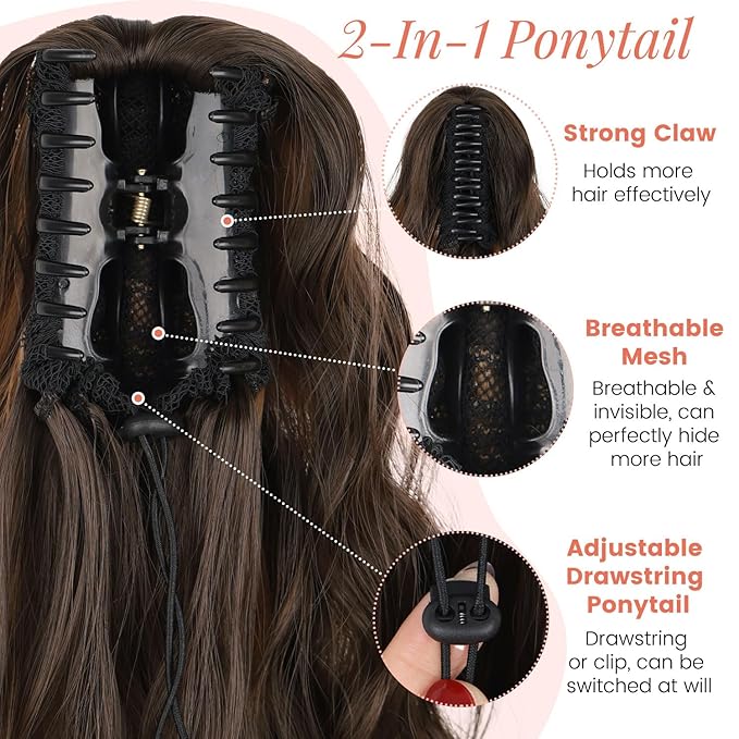 Claw Clip Ponytail Extension 18 Inch Curly Wavy Ponytail Extension Jaw Clip on Pony Tails Hairpiece for Women Fluffy Natural Synthetic for Daily Use (Dark Brown with Auburn Blonde)