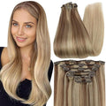 Full Shine Clip in Hair Extensions Human Hair Clip in Extensions Balayage Golden Brown to Golden Blonde Highlight Blonde Double Weft Invisible Straight Hair Extensions for Women 12 Inch 7 Pcs 95 G