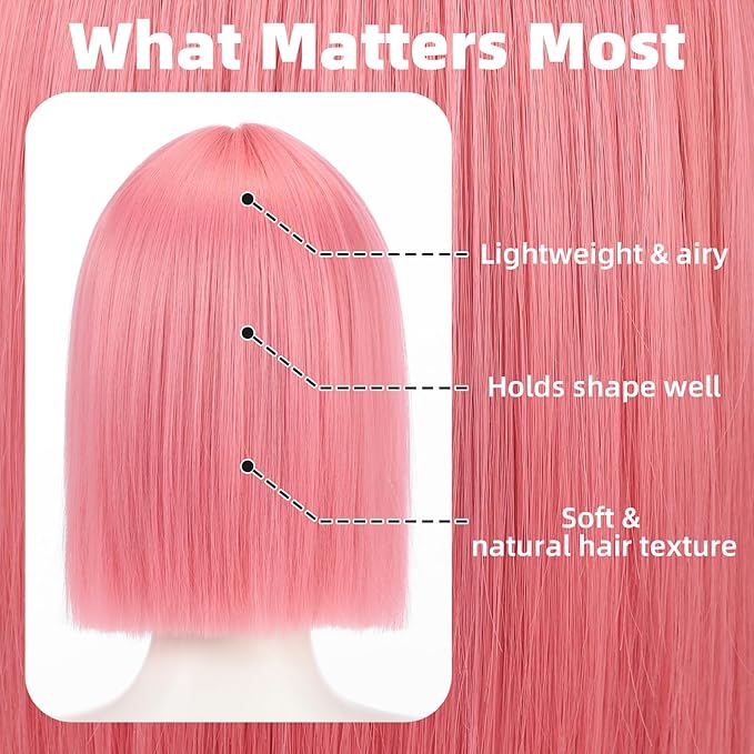 Allbell Pink Bob Wigs for Women Short Wig with Bangs Heat Resistant Synthetic Hair 12 inch for Daily Party Halloween Costume Use