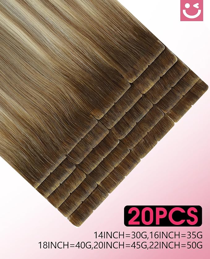 Youngsmile Invisible Tape in Hair Extensions Human Hair 20pcs 30g Balayage #3/8/22 Walnut Brown to Ash Brown and Golden Blonde 14 Inch Invisi Edge Hair Extensions Human Hair (#3/8/22,14'')
