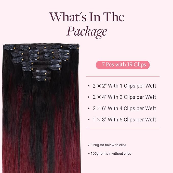 GOO GOO Clip in Hair Extensions Real Human Hair, Remy Human Hair Extensions Clip ins for Women, Natural Human Hair, 16inch 120g 7 Pcs, #1/99j Balayage Jet Black to Red