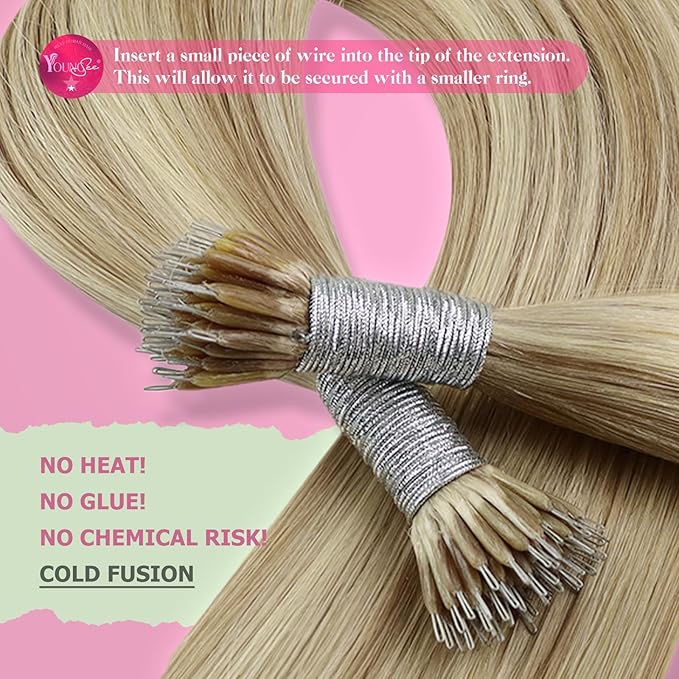 YoungSee Nano Extensions Human Hair Blonde Nano Ring Hair Extensions Warm Ash Blonde Highlights Bleach Blond Nano-Bead Extension Human Hair Cold Fusion Hair Extension 20 Inch for Wedding 50s 50g