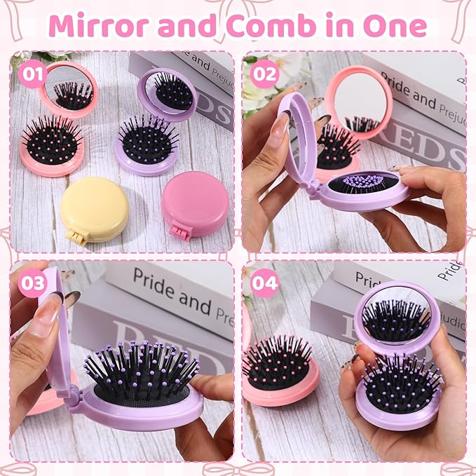 20PCS Mini Hair Brush Bulk,Compact Folding Travel Hair Brushes with Mirror,Mini Travel Brush for Women Girls in 5 Colors