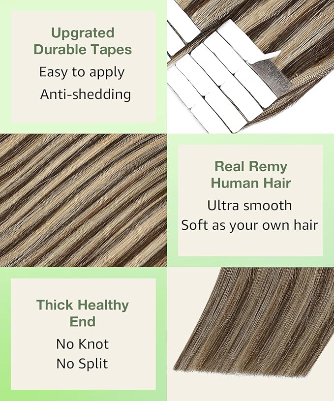 SURNEL Tape in Hair Extensions Human Hair Color 4 Medium Brown Highlighted 27 Caramel Blonde 20 Inch Remy Tape in Hair Extensions 20 pcs 50g(#4P27-20)