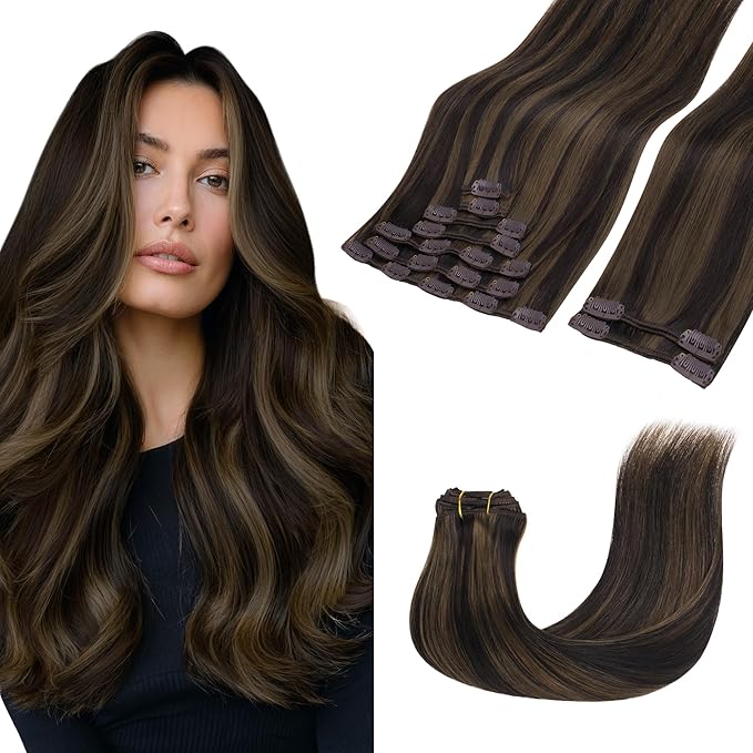 GOO GOO Clip in Hair Extensions Real Human Hair, Remy Human Hair Extensions Clip ins for Women, Natural Human Hair, 18inch 150g 9 Pcs, #2/6 Dark Brown Highlighted Chestnut Brown