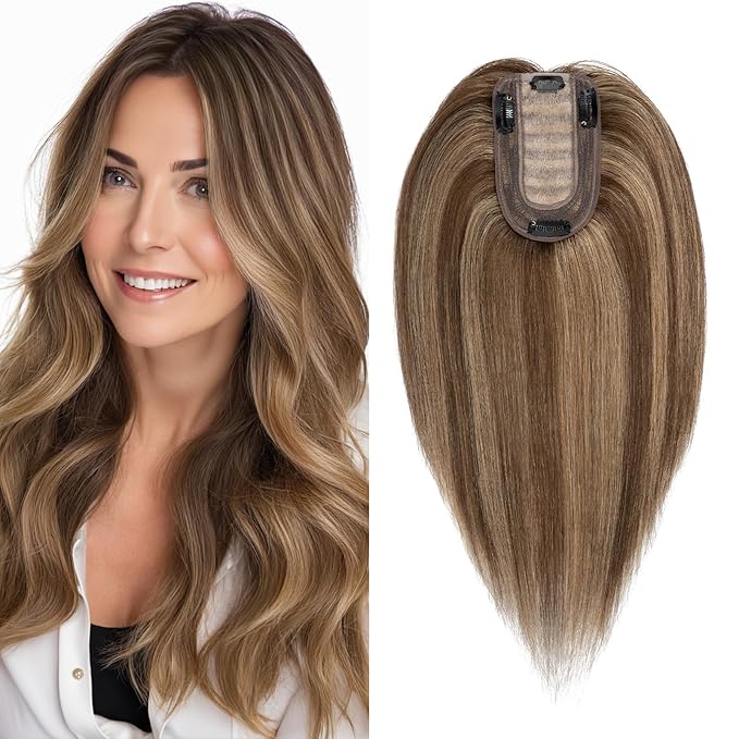 SEGO Real Human Hair Topper for Women without Bangs, Hair Topper with Anti-Slip Clips (12 Inch#4/27 Medium Brown Mix Dark Blonde)