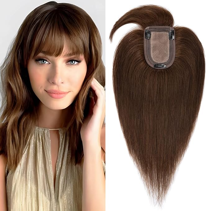 SEGO Hair Toppers for Women Real Human Hair with Thinning Hair, Toppers Hair Pieces Clip in Toppers Straight Hair Pieces with Front Bangs 150% Density Silk Base -6 Inch #4 Medium Brown