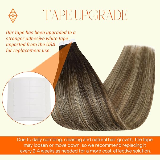 Full Shine Fashion Tape in Hair Extensions Human Hair Color 2 Brown Ombre 3 And 27 Honey Blonde Seamless Skin Weft Tape in Hair Extensions 20Inch Long Straight Hair Extensions Tape in 20Pcs 50G Party