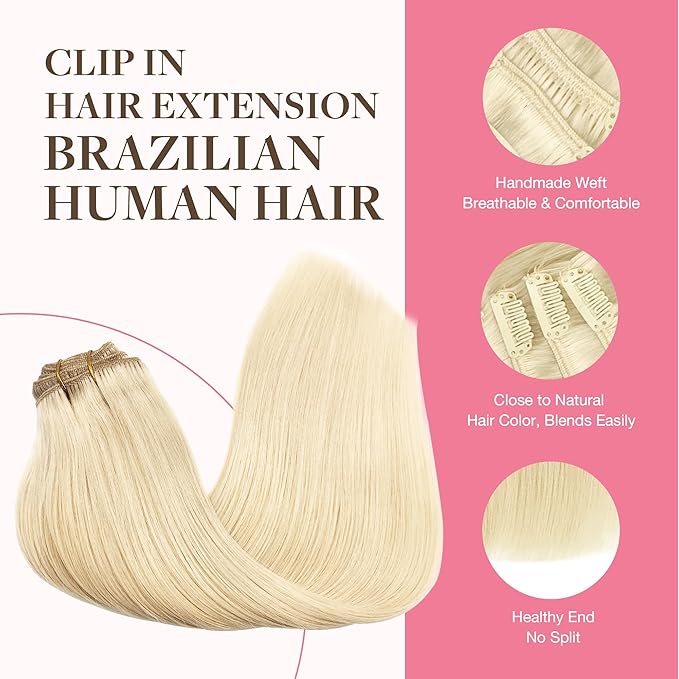 GOO GOO Clip in Hair Extensions Real Human Hair, Remy Human Hair Extensions Clip ins for Women, Natural Human Hair, 22inch 150g 9Pcs, 613R Bleach Blonde