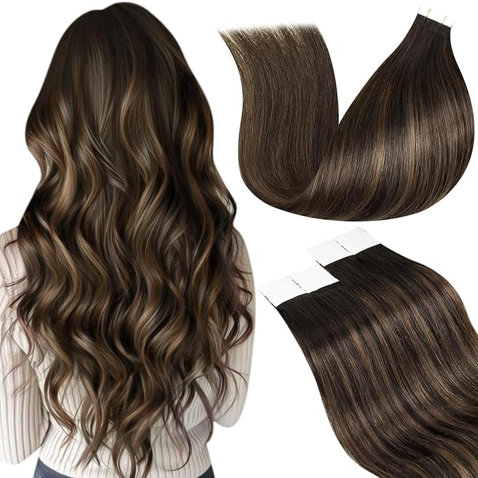 LaaVoo Human Hair Tape in Extensions Dark Brown to Light Brown Hair Extensions Tape in Real Human Hair Tape in Hair Extensions Balayage Ombre Double Sided 24 Inch 20pcs 50g