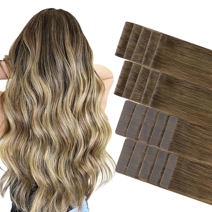 GOO GOO Invisi Edge Tape in Hair Extensions Human Hair, 3/8/613 Walnut Brown to Ash Brown and Bleach Blonde 10pcs injected with 10pcs classical tape ins, 14inch 50g, Virgin Remy Hair, Natural Look