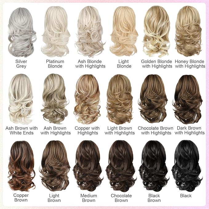 Ponytail Extension - 14" Claw Clip in Ponytail Hair Extensions Natural Soft Synthetic Layered Wavy Pony Tail Hair Pieces for Women - Ash Blonde with Highlights