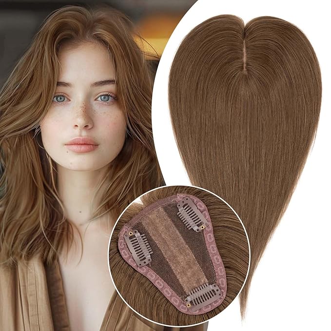 S-noilite Hair Toppers for Women Real Human Hair 3D 360° Cover Clip in 100% Real Human Hair Toppers 3″*4″ Clip in Silk Base 8 inch Meduim Brown