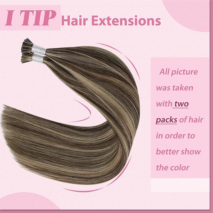 YoungSee I Tip Hair Extensions Highlight I Tips Hair Extensions Real Human Hair Dark Brown Highlights Blonde Tip Hair Extension for Women 16 Inch 50g 80s